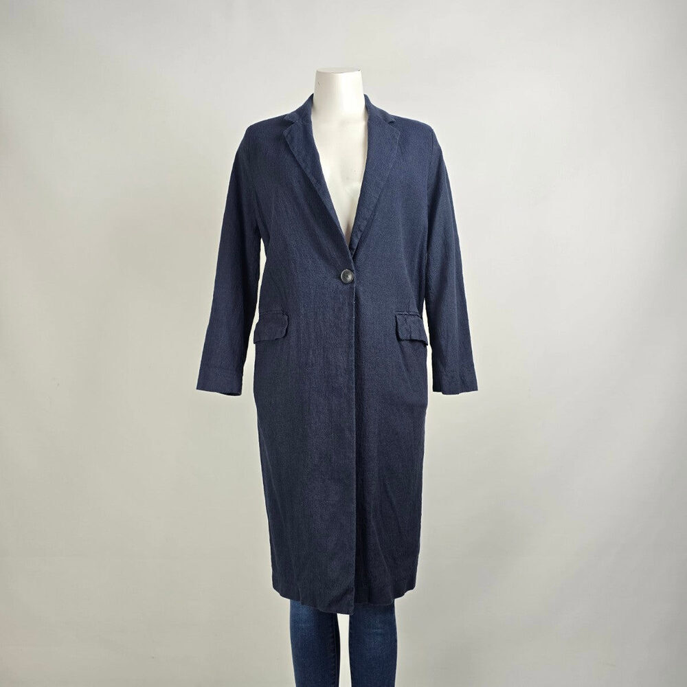 Pomandere Navy Blue Linen Long Button Up Blazer Size 8